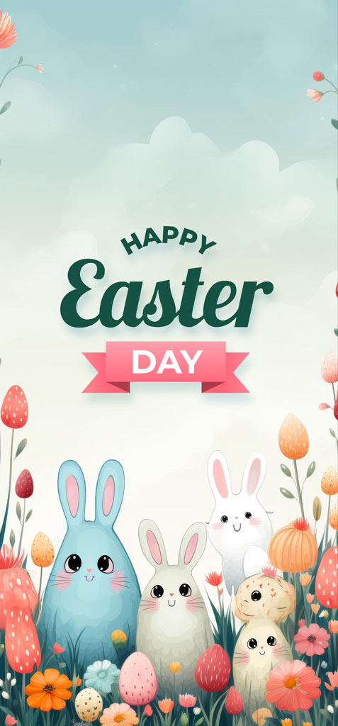 Cartoon bunnies and eggs in a flower field for Easter