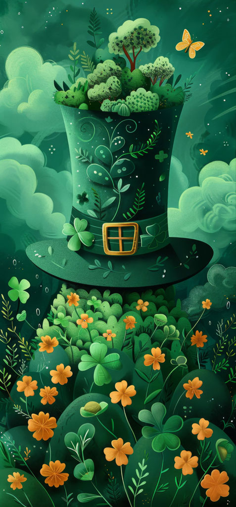 Illustration of a leprechaun hat overflowing with greenery and shamrocks, set against a backdrop of orange flowers and butterflies.