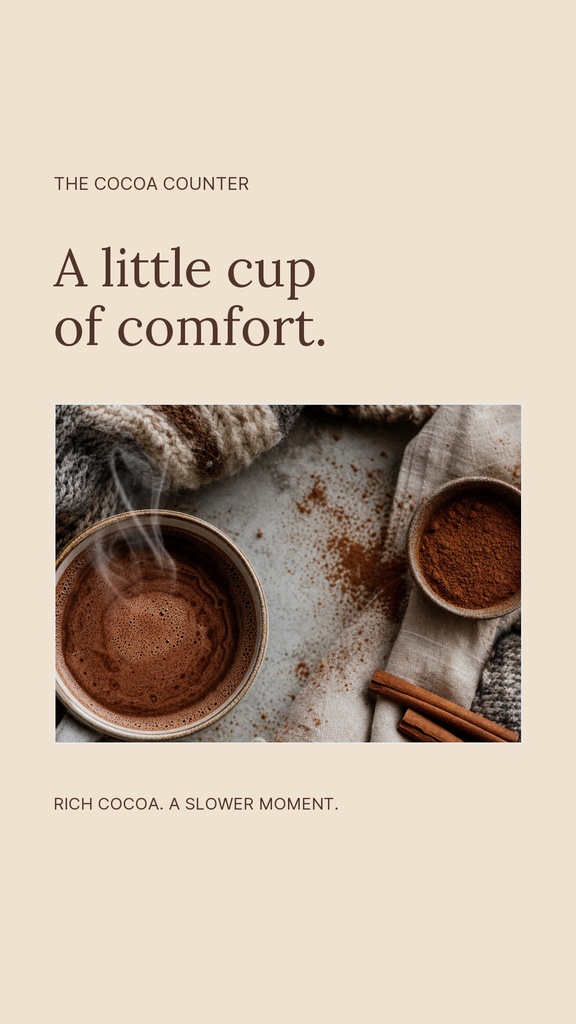 Instagram story template with hot chocolate, cocoa powder, cinnamon sticks, and warm beige text layout.