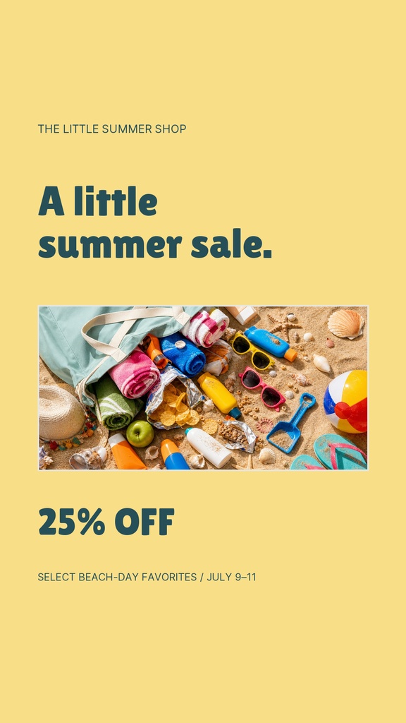 Beach-themed Instagram story template with summer sale text and 25% off offer.
