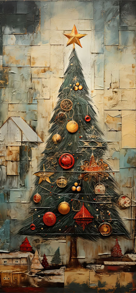 A Christmas tree decorated with vintage ornaments against a distressed background.