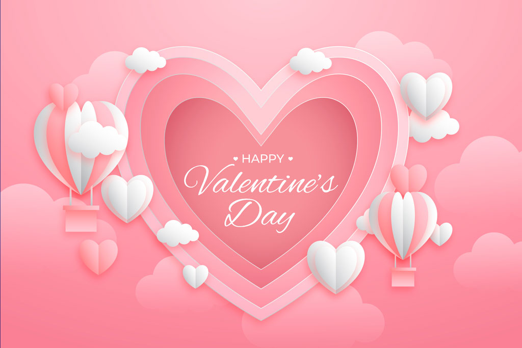 Valentine's Day greeting with hearts and hot air balloons