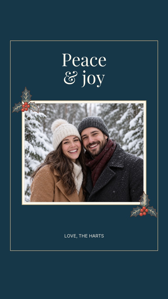 Winter couple portrait framed by evergreen berries on a dark teal story card with the words Peace & joy.