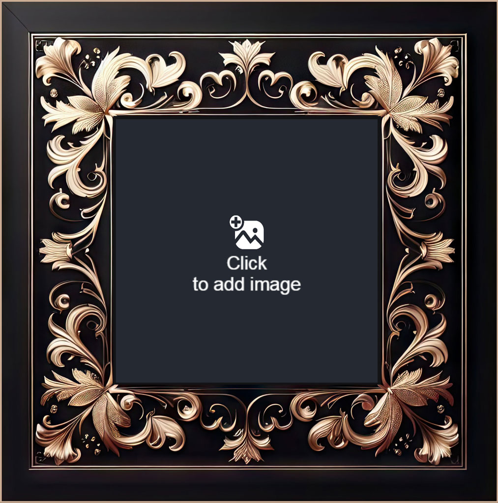 An ornate black and gold frame containing a photo of a smiling family of three in winter attire.