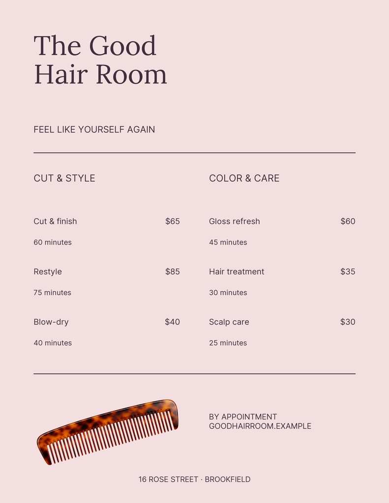 Preview for The Good Hair Room Letter Menu / Price List Template