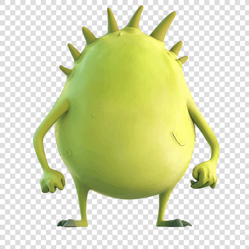 A green monster with spikes on its back and limbs on a white background.