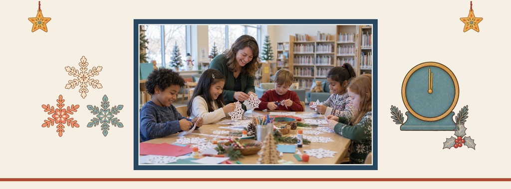 Children and an adult craft at a library table with winter decorations and holiday icons on a landscape cover.