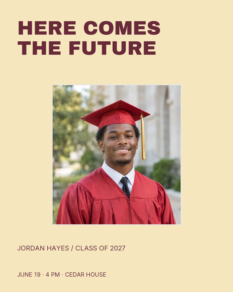 Portrait graduation post with a graduate in a red cap and gown under the headline Here Comes the Future.