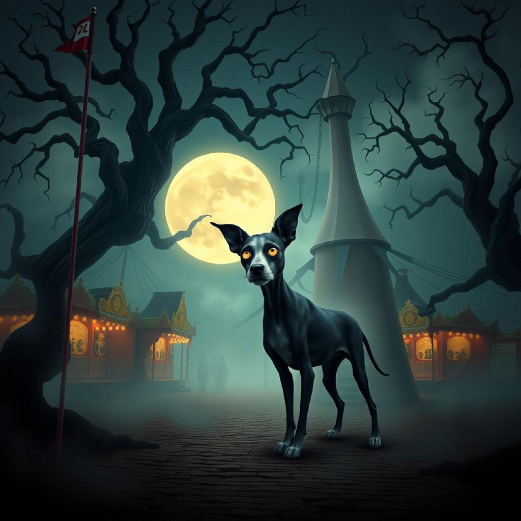 Illustration of a foggy night market with people walking between stalls under a full moon and twisted trees.