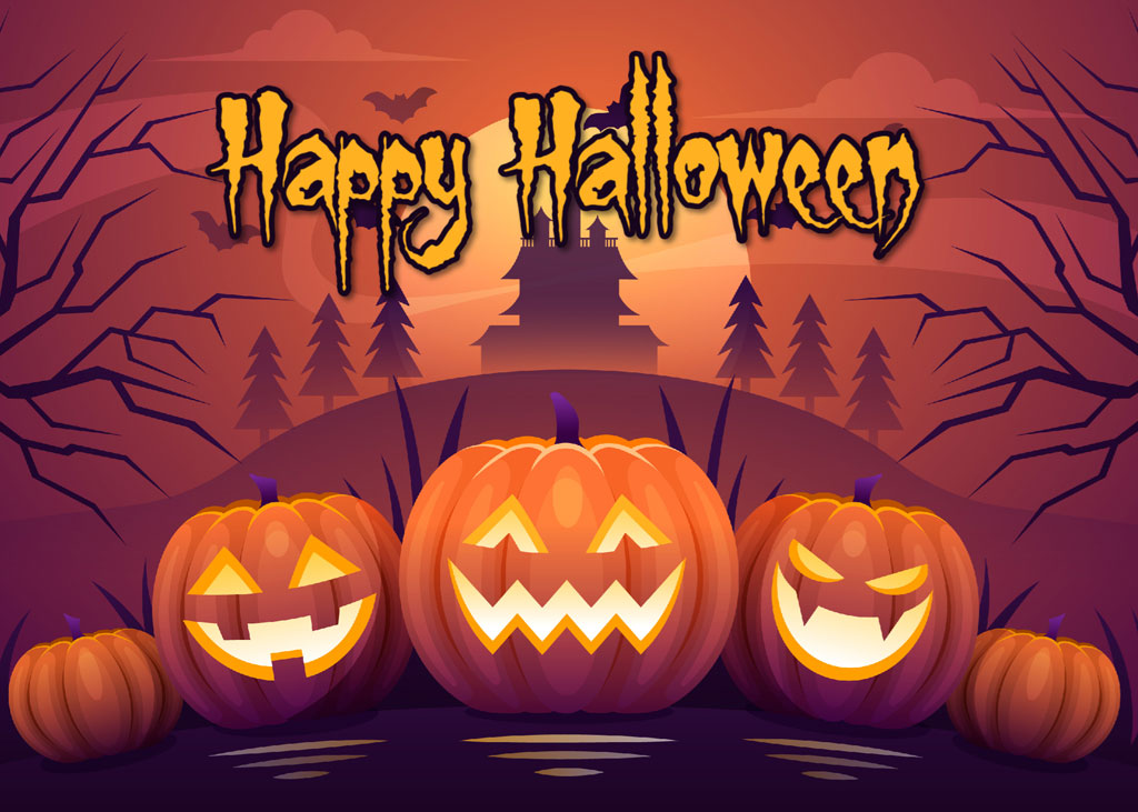 Three carved pumpkins with a haunted house in the background.