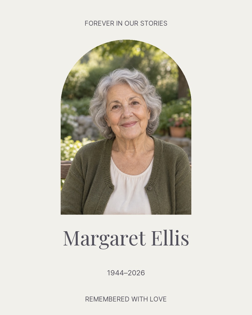 Memorial portrait post with elderly woman photo, name, dates, and remembered with love text