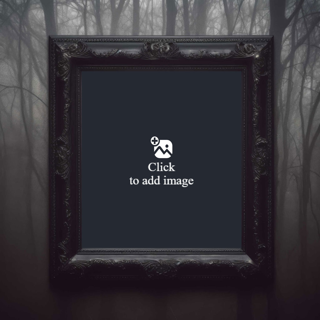 An ornate, dark picture frame in a foggy forest