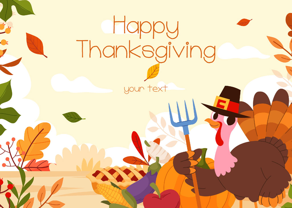 Cartoon turkey in pilgrim hat with pitchfork and harvest items