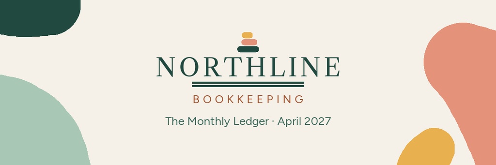 Bookkeeping email header with abstract corner shapes and Northline Bookkeeping text on a light background