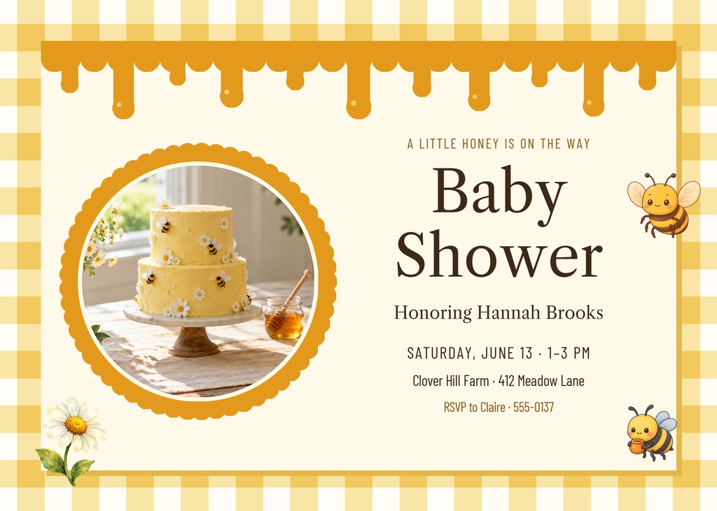 Preview for Busy Little Bee Baby Shower 7 × 5 Invitation Template