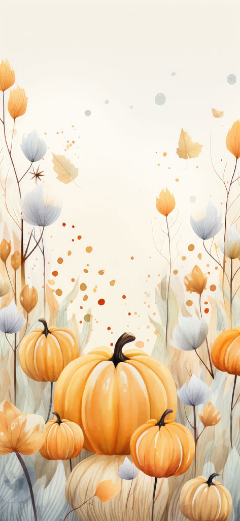 Illustration of orange pumpkins and white and orange flowers against a beige background.