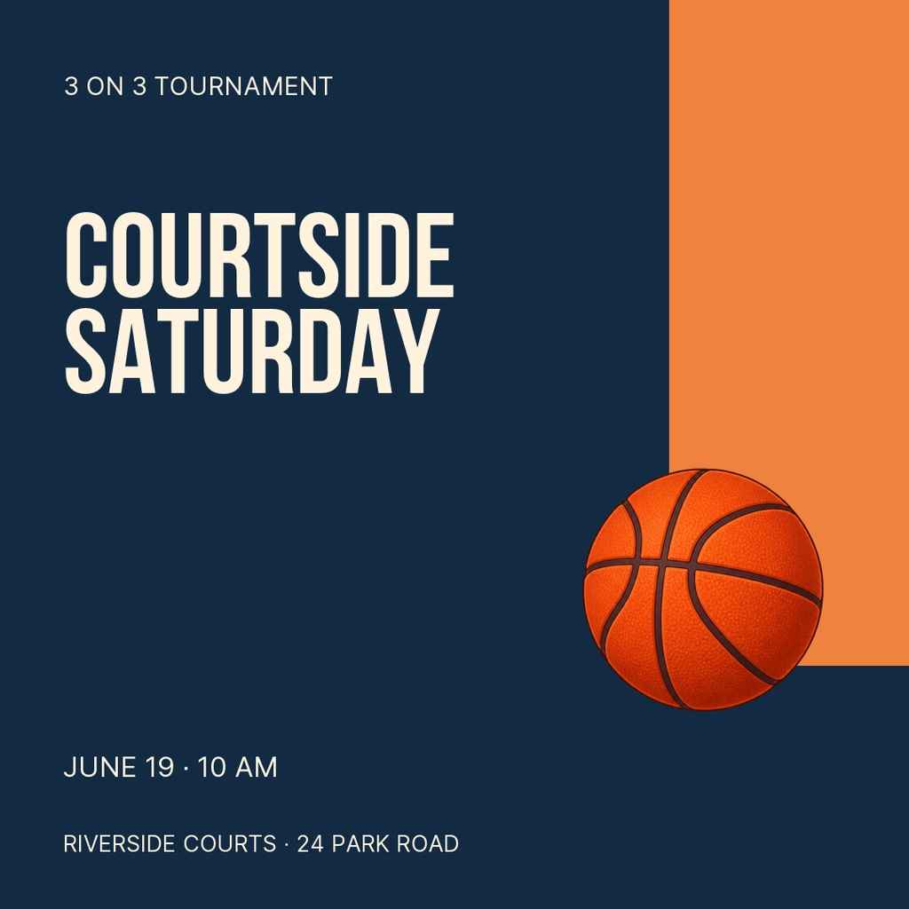 Square basketball event poster with navy background, orange accent block, and basketball image.
