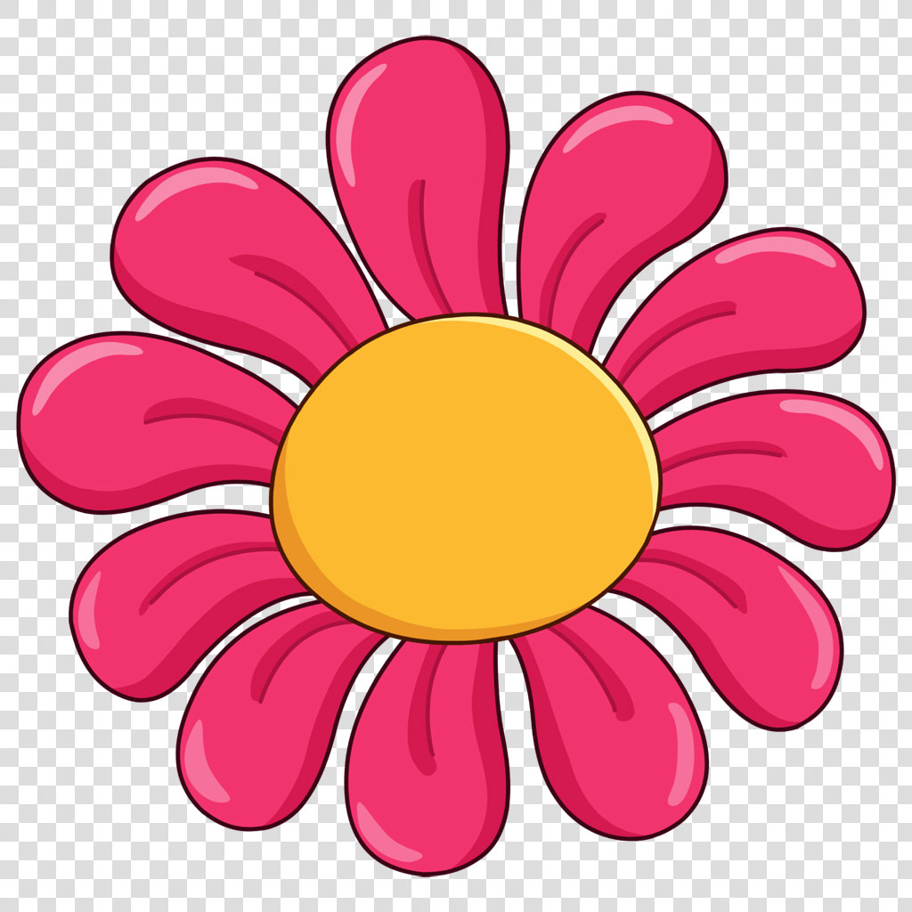 A cartoon-style pink flower with a yellow center