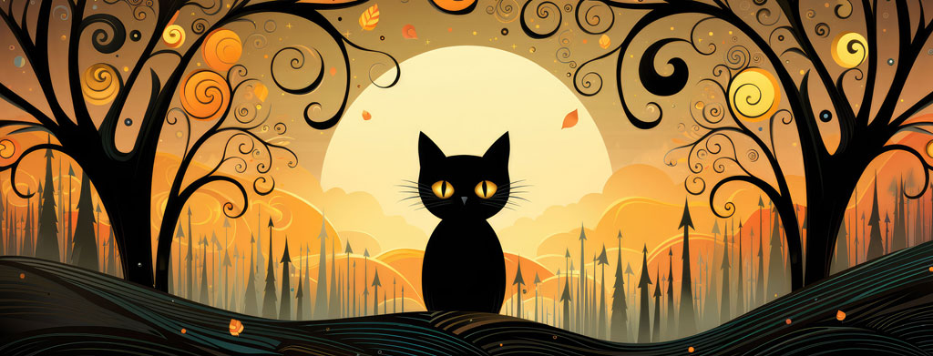 Illustration of a black cat with glowing eyes under a full moon