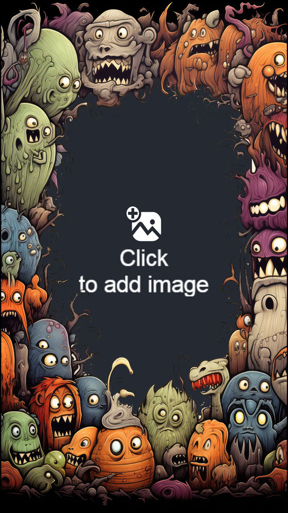 Cartoon monsters surrounding a dark blue frame