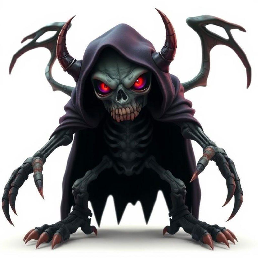 Hooded skeleton with red eyes and sharp claws