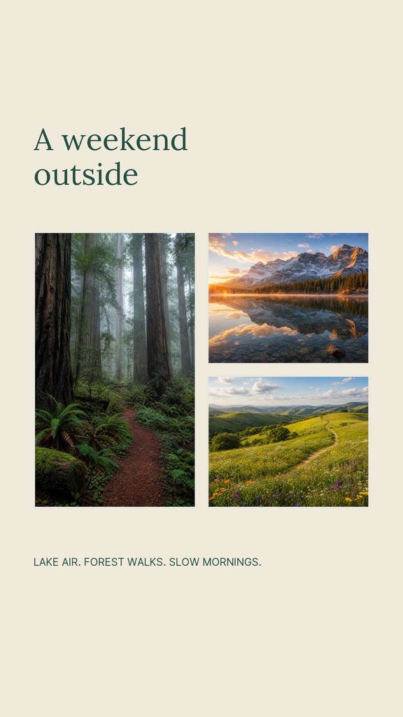 Instagram Story template with forest and mountain photos and the title A weekend outside.