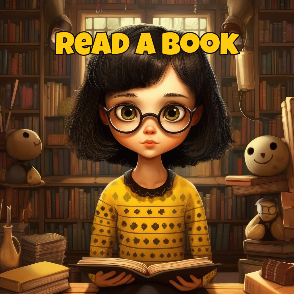 Cartoon girl reading a book in a library