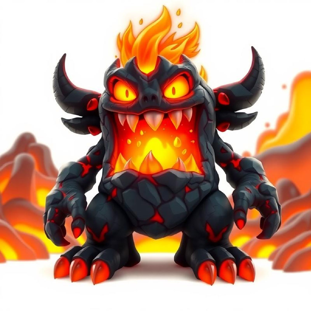 A black cartoon creature with red accents, glowing yellow eyes, and sharp teeth, surrounded by flames.