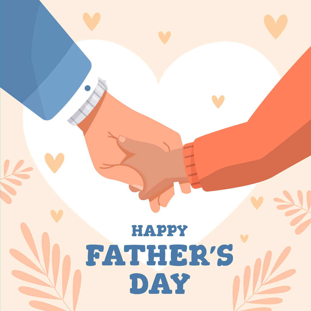 Illustration of two hands shaking with a heart in the background and 'Happy Father's Day' text