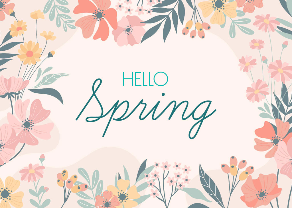 Hello Spring floral greeting with colorful flowers and leaves