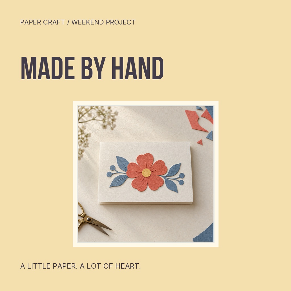 Square post template with a handmade paper card featuring a flower and leaves on a beige background.