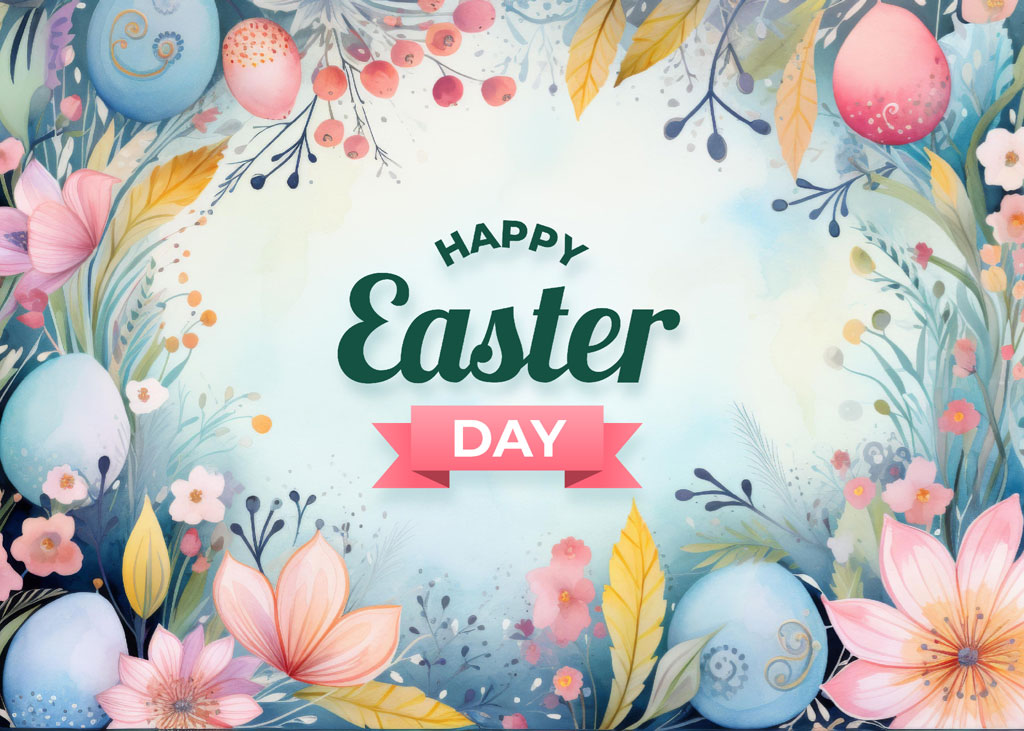 Happy Easter Day surrounded by flowers and Easter eggs