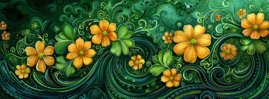 Detailed floral pattern with yellow flowers on a green swirling background