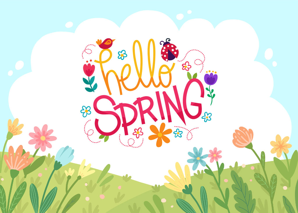 Hello Spring illustration with flowers and ladybug
