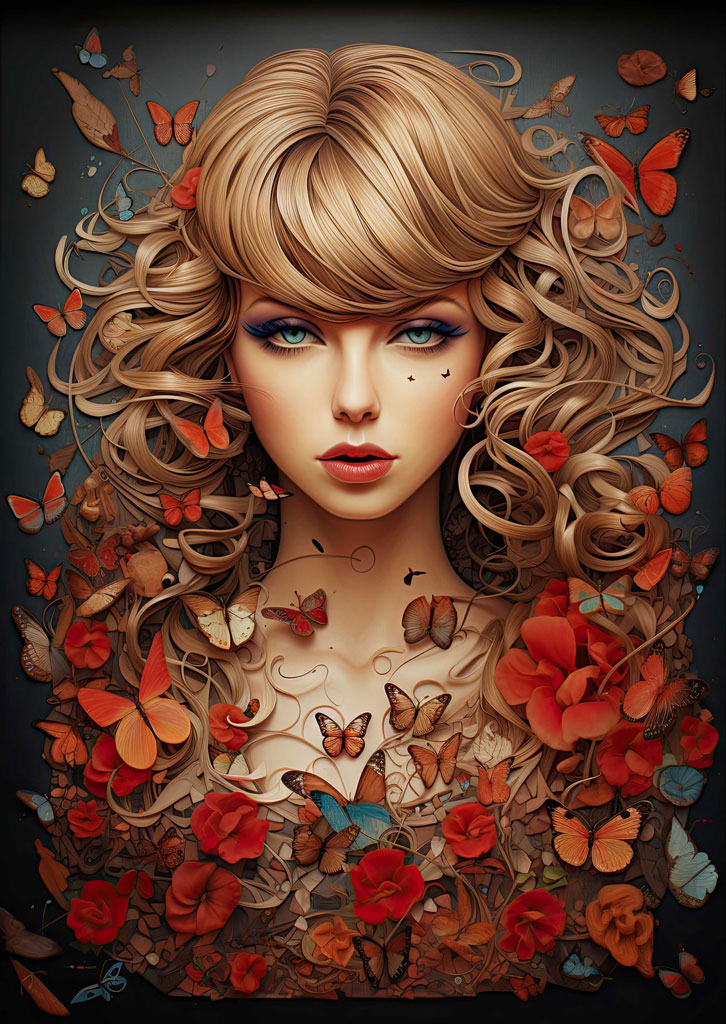 A woman with blonde hair and blue eyes surrounded by red and orange butterflies and flowers