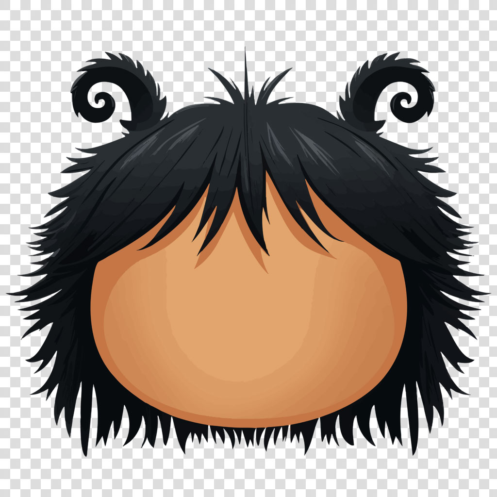 A cartoon character's face with black hair and horns
