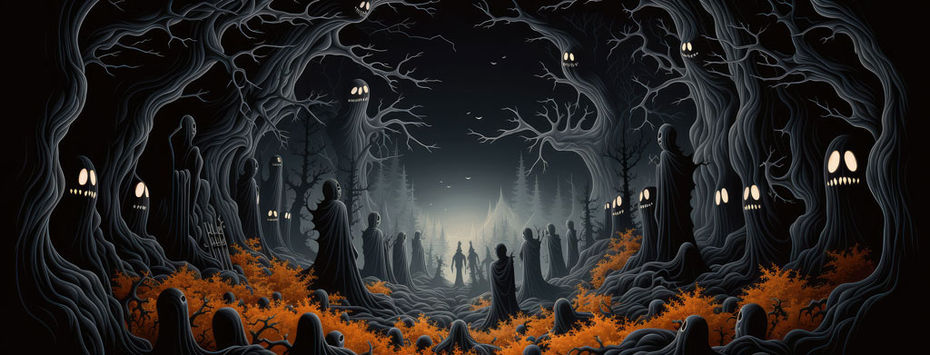 Illustration of people gathering in a dark forest with lanterns and orange foliage