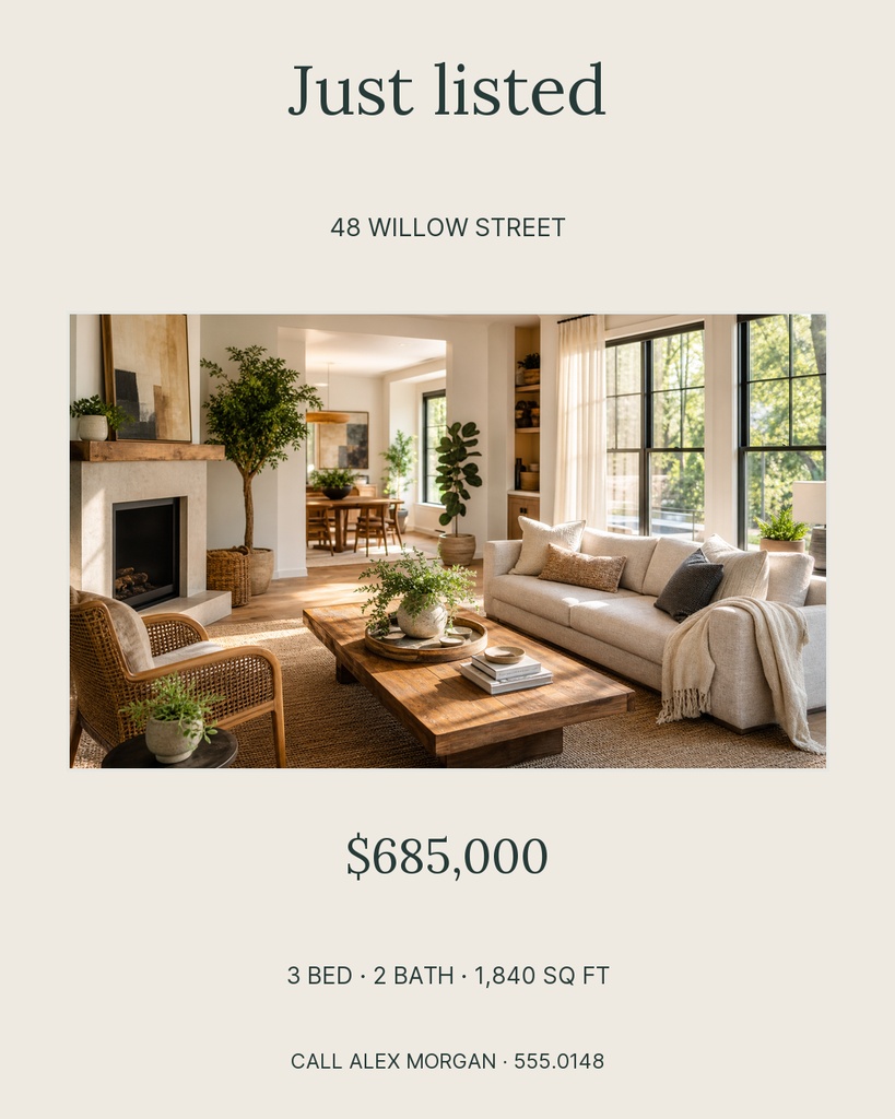 Portrait real estate post with a living room photo, just listed headline, price, and property details.