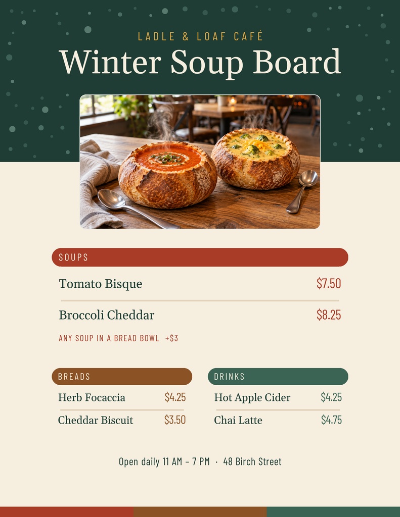 Preview for The Winter Soup Board Letter Menu / Price List Template
