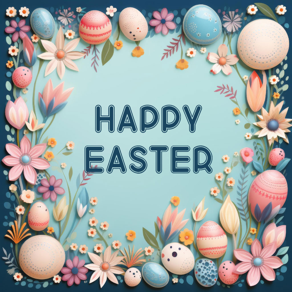 Happy Easter card with colorful eggs and floral decorations