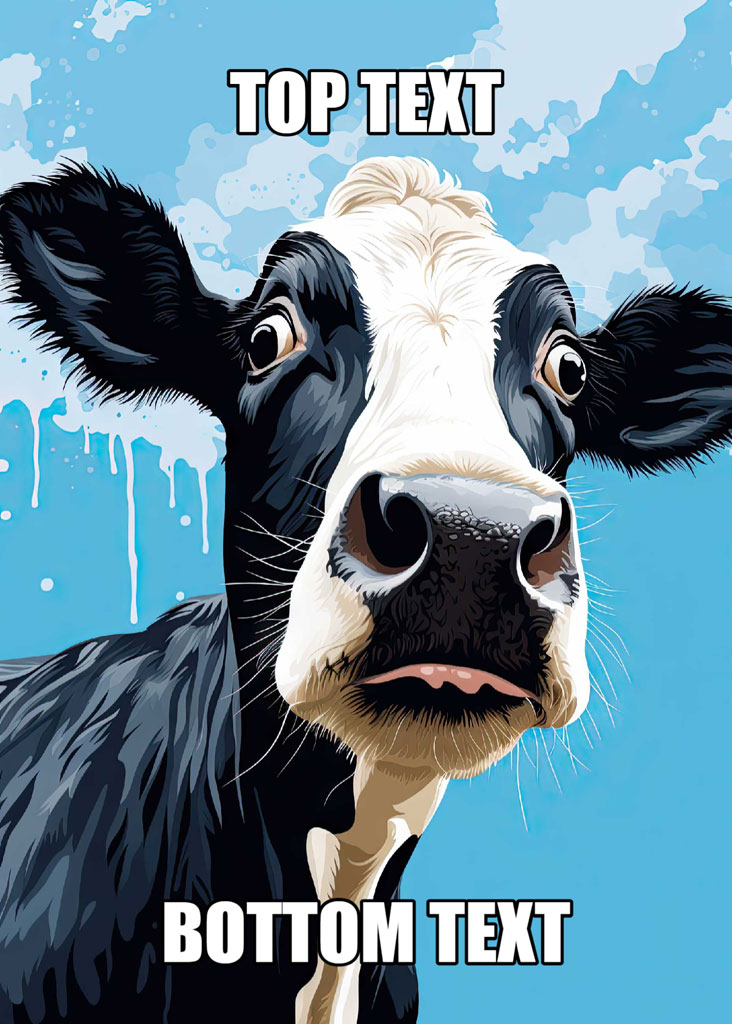Black and white cow with tongue out against a blue sky