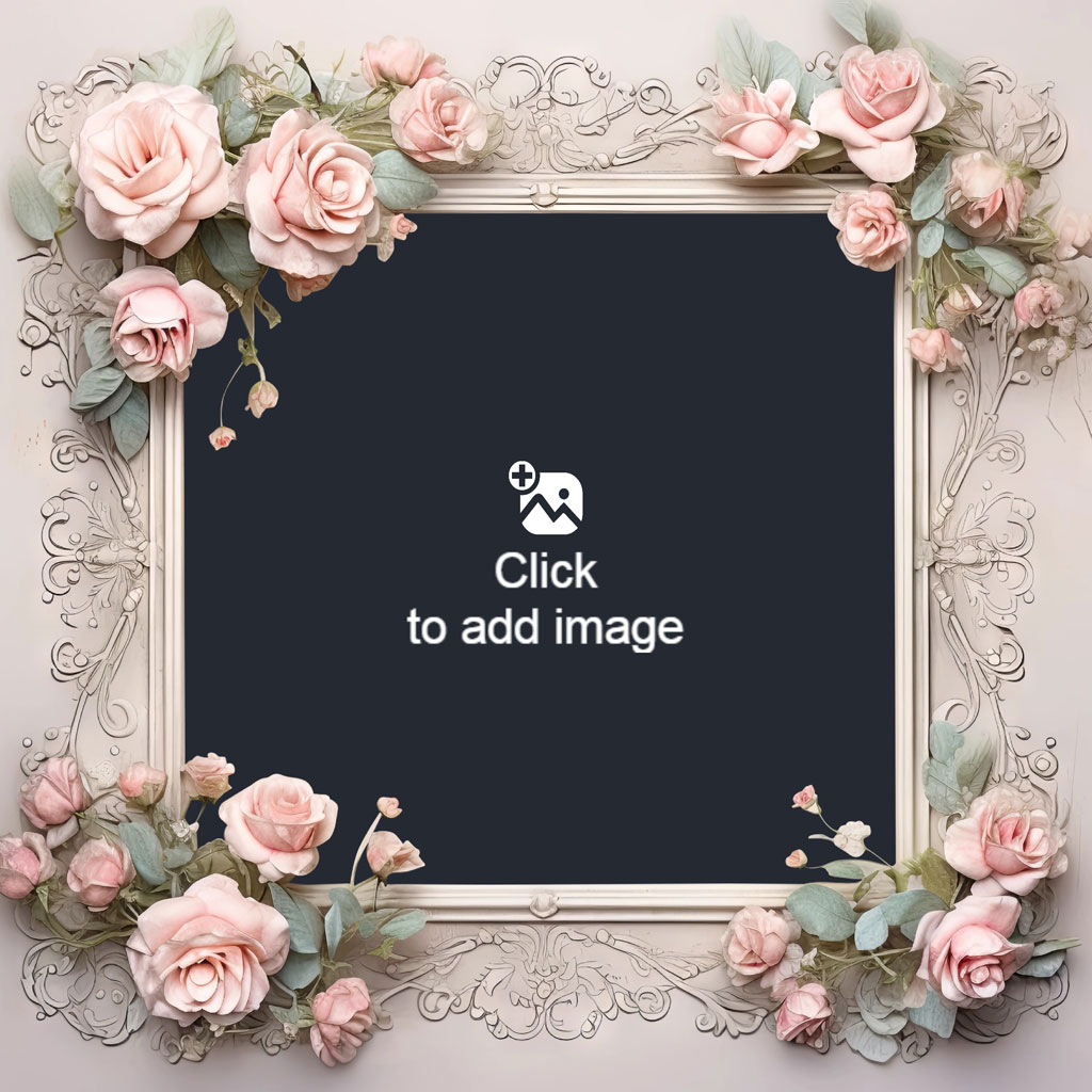 An ornate white picture frame adorned with pink roses and greenery