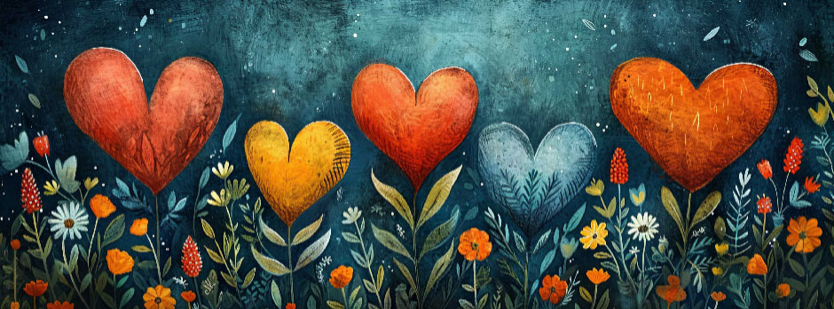 Four hearts in red, orange, and blue hues amidst a field of wildflowers