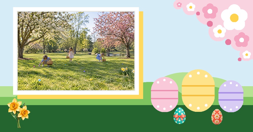Pastel spring event cover with a park photo, flowers, and colorful Easter eggs