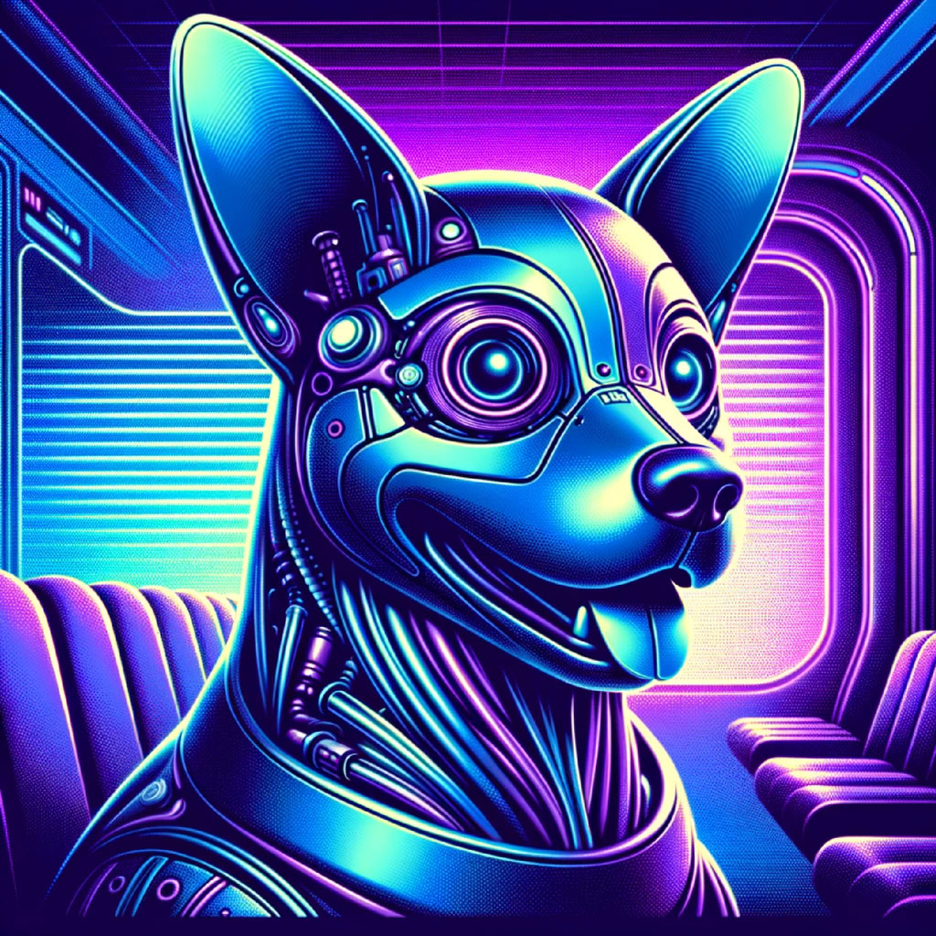 A brown dog wearing orange goggles with large lenses stands in a desert landscape with a large moon or planet in the background.