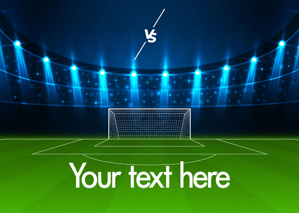 A soccer stadium with a green field and blue spotlights.