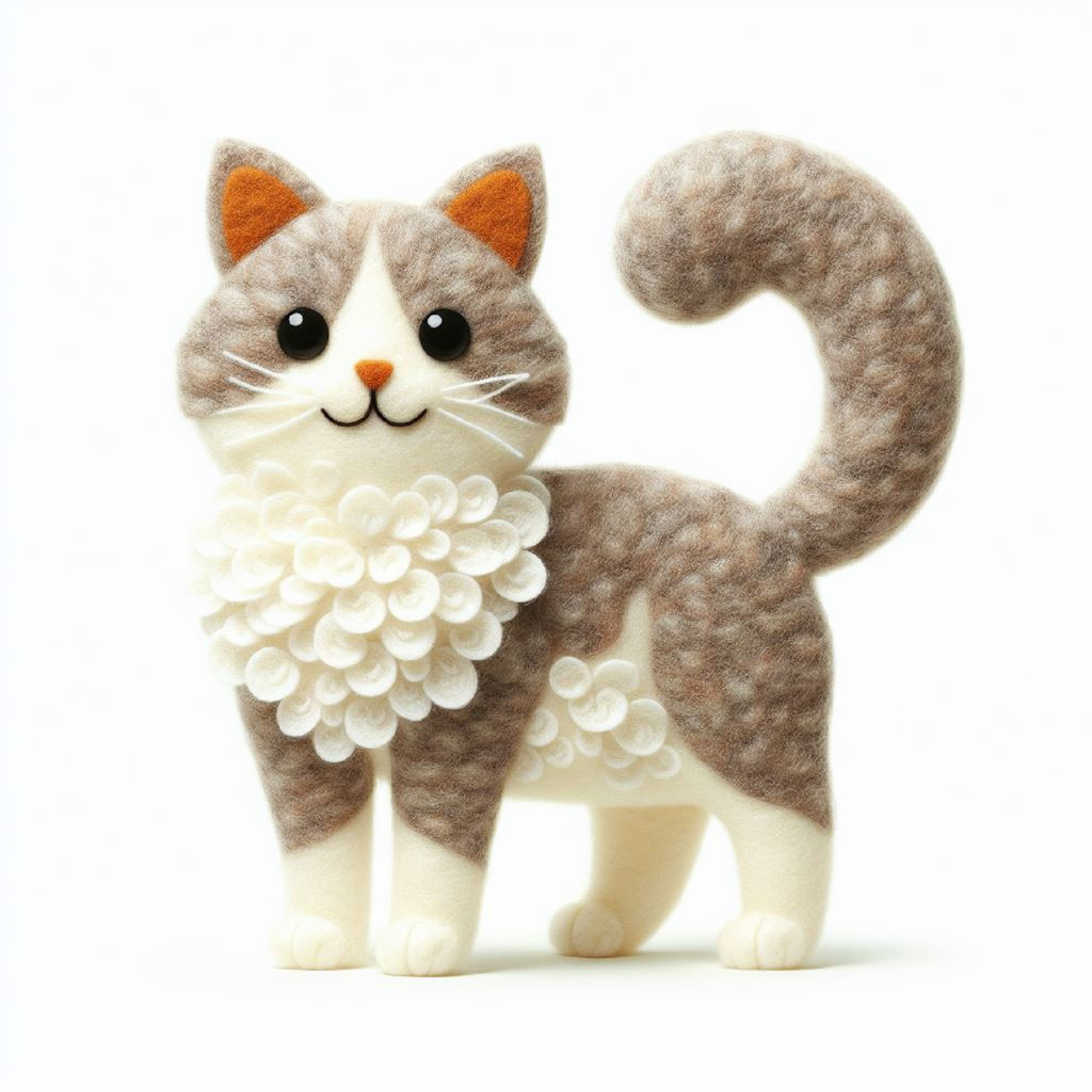 Grey felt cat plush toy with white chest and black striped tail