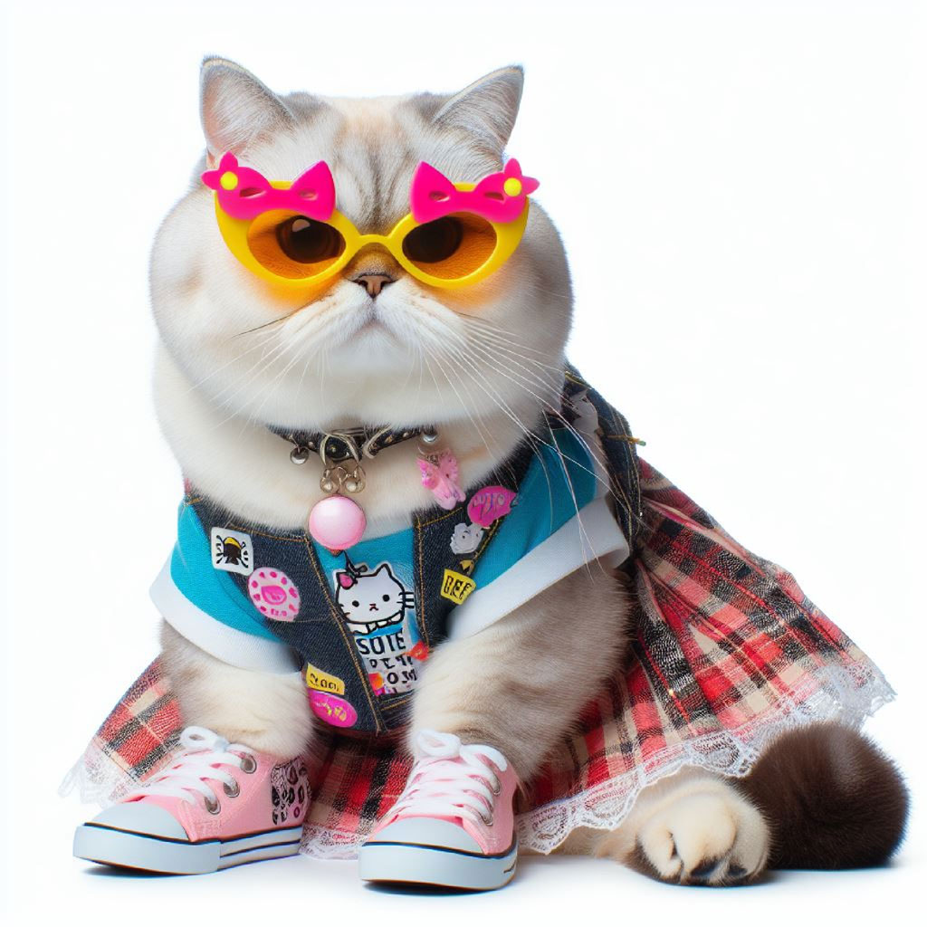 Cartoon cat with pink fur, blue eyes, and bows on its head