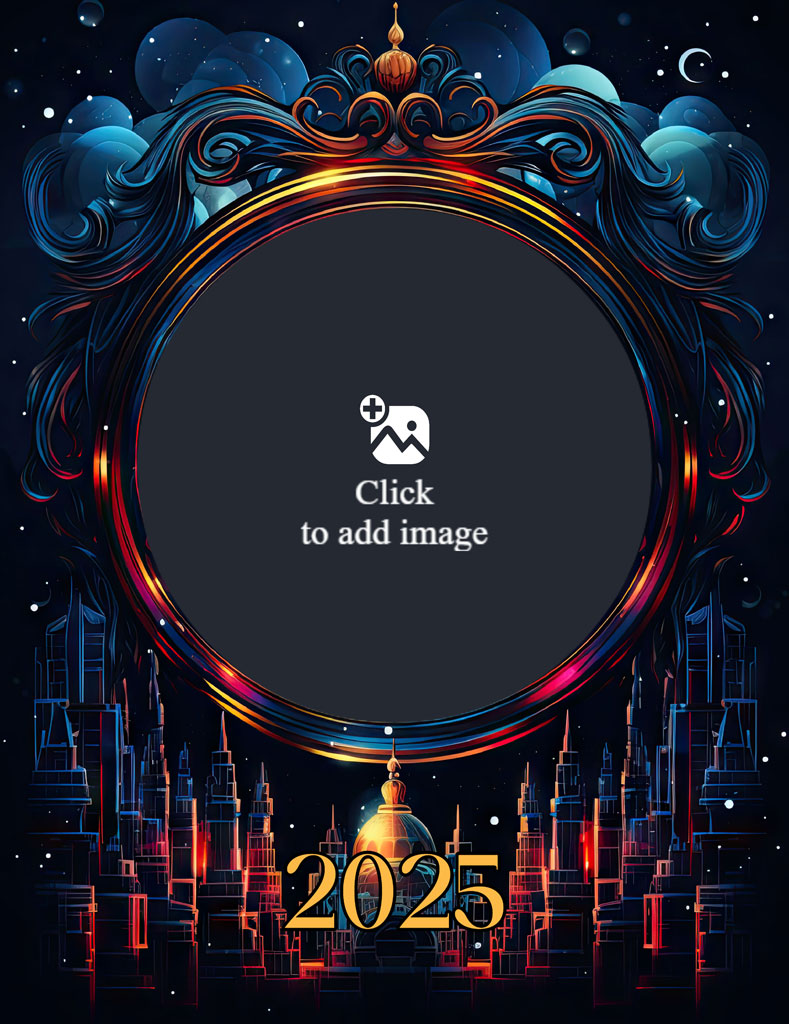Futuristic cityscape with ornate frame and 2025