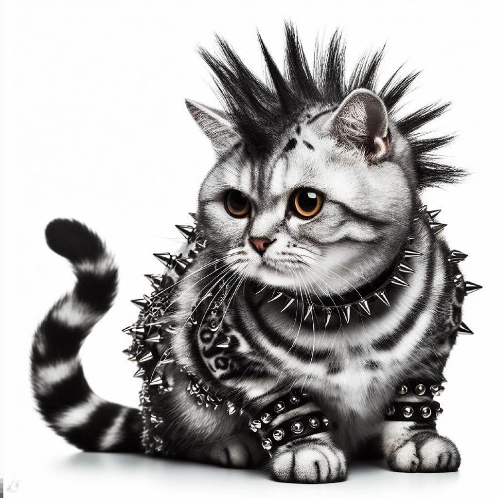 Illustration of a black cat with red eyes and accents, wearing a spiked collar with a peace sign pendant.